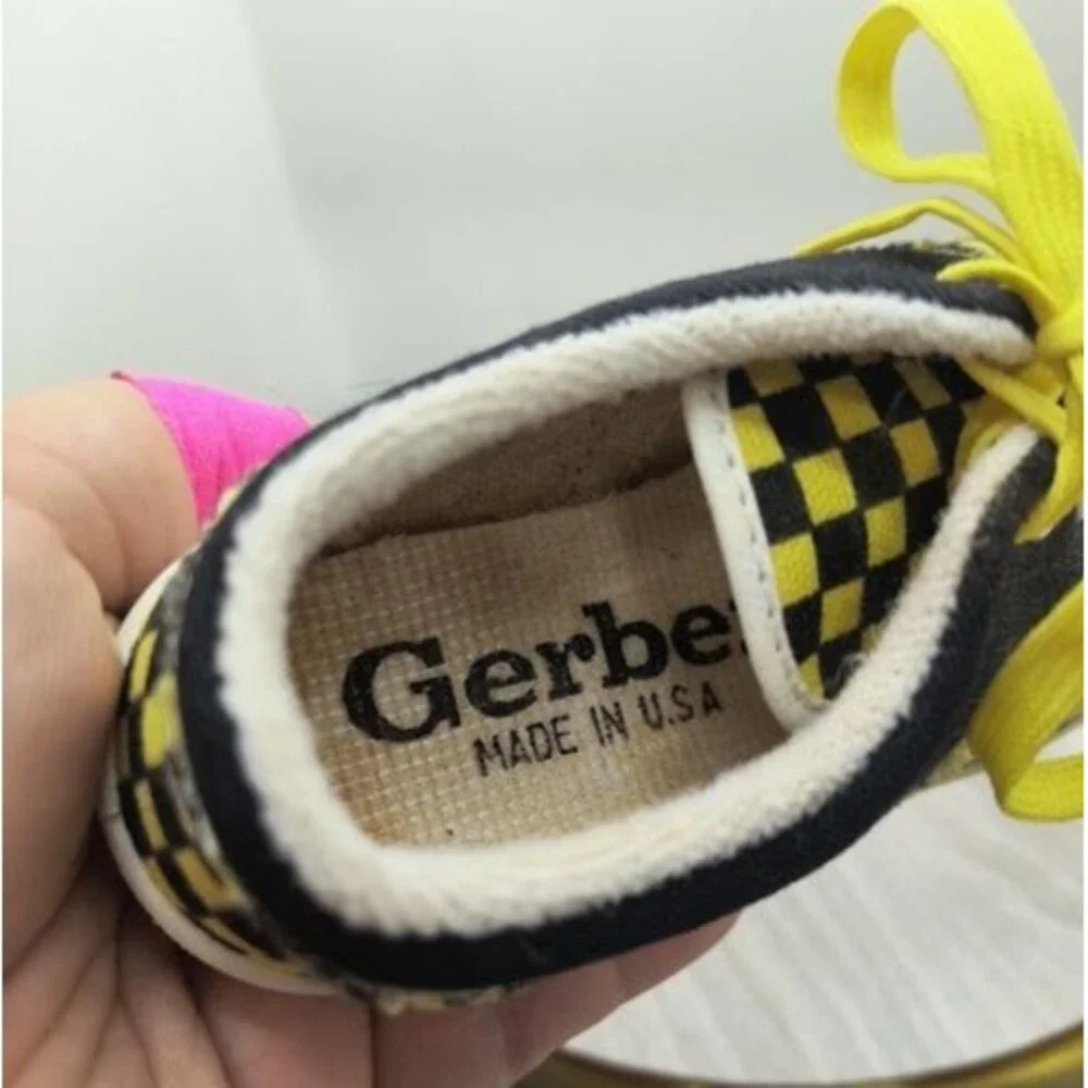 Vintage 80s Gerber Yellow Black Checkerboard Toddler Canvas Sneakers Size 7 USA